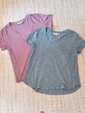 LOFT L Set of 2 V-Neck Tee Tops in Heathered Mauve and Heathered Gray